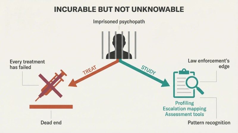 Fork diagram showing that treating imprisoned psychopaths leads to a dead end while studying them yields pattern recognition tools for law enforcement.