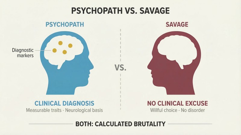 Split-panel comparison of two head silhouettes showing a psychopath's brain with clinical markers versus a savage's unmarked brain, both sharing calculated brutality below.