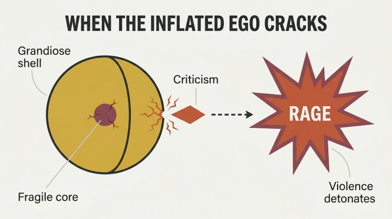 Three-stage sequence showing a cross-section of a large golden sphere with a tiny fragile core, criticism cracking the shell, and the resulting explosive detonation into rage.