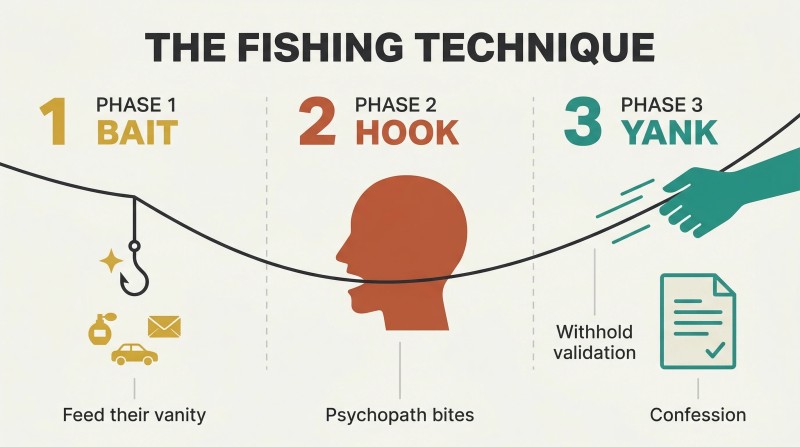 Three-phase horizontal fishing line showing bait with flattery, hook with engagement, and yank that extracts a confession.