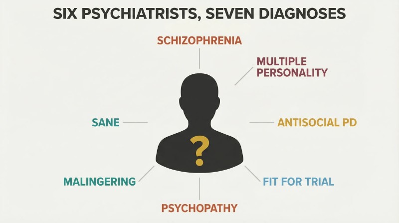 A single defendant silhouette at center surrounded by seven contradictory psychiatric diagnosis labels in warm and cool colors, radiating outward to show total expert disagreement.