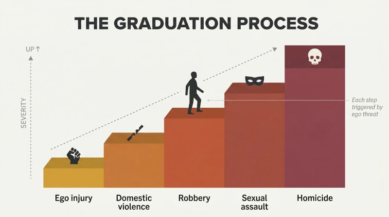 Ascending staircase of five steps showing criminal escalation from ego injury at the bottom to homicide at the top, with deepening red tones at each level.