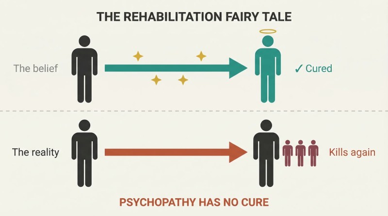 Two-row comparison showing how parole boards expect rehabilitation but released psychopaths emerge unchanged and kill again.