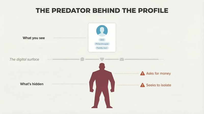 Iceberg-style diagram showing a small friendly online profile above a digital surface line and a much larger menacing silhouette hidden below, with warning signs flagged.