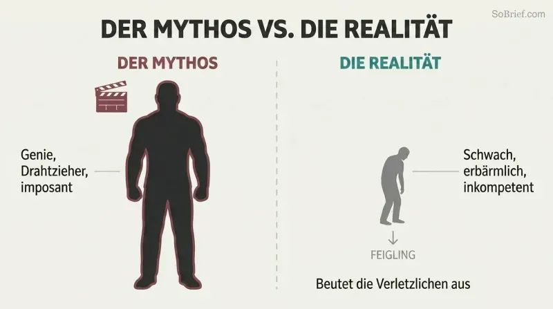 Split panel contrasting a large imposing silhouette labeled as the Hollywood myth against a small hunched figure representing the actual cowardly reality of serial killers.