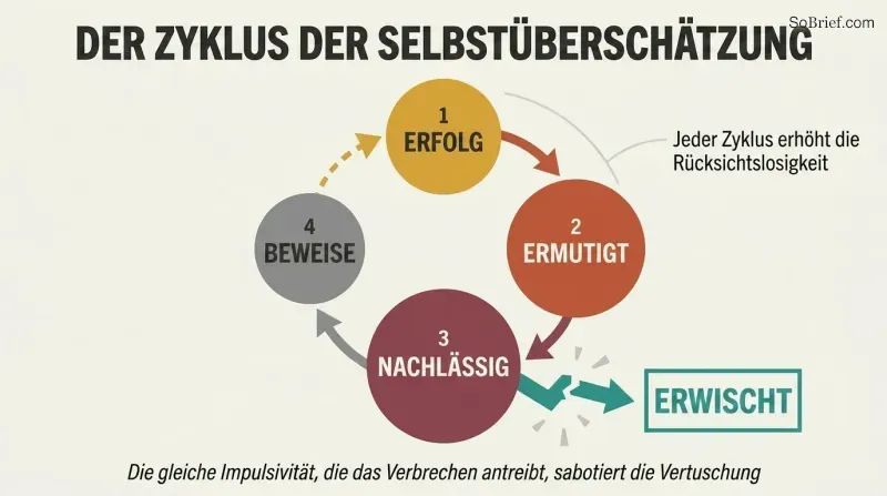 Circular cycle showing how criminal success breeds overconfidence, then carelessness, then evidence, with the loop breaking apart at capture.