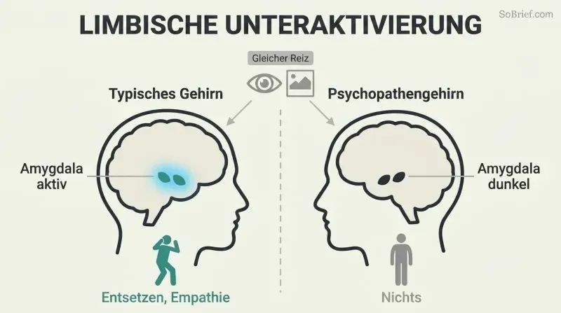 Split comparison of two brain profiles showing a brightly active amygdala in a normal brain versus a dark, inactive amygdala in a psychopath's brain given the same stimulus.