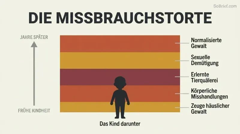 Stacked horizontal layers in warm negative colors accumulate around a small child silhouette, each labeled with a different form of childhood abuse, showing gradual buildup over time.