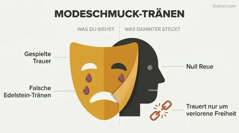 A theatrical crying mask peels away to reveal a cold indifferent face behind it, showing that performed remorse conceals only self-pity about being caught.