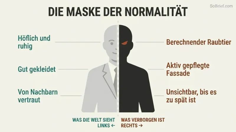 A single human silhouette split vertically, with a polished respectable left half and a dark predatory right half, showing the concealed duality of outward normalcy hiding inner danger.