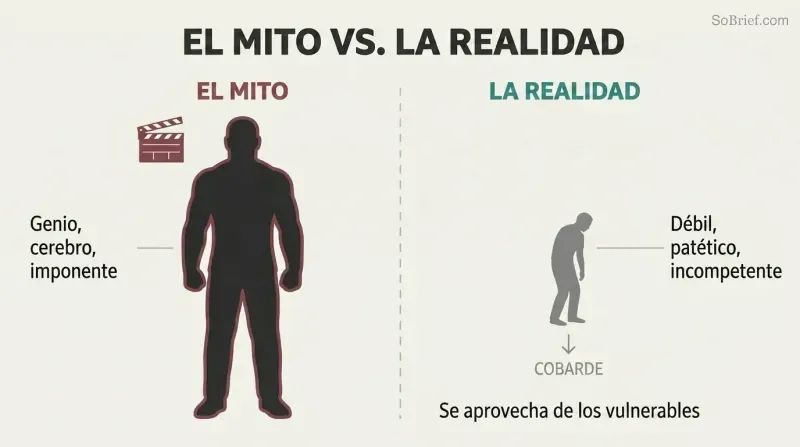 Split panel contrasting a large imposing silhouette labeled as the Hollywood myth against a small hunched figure representing the actual cowardly reality of serial killers.