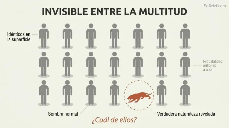 Grid of identical human silhouettes where one casts a menacing predator-shaped shadow, showing how killers blend in undetected among ordinary people.