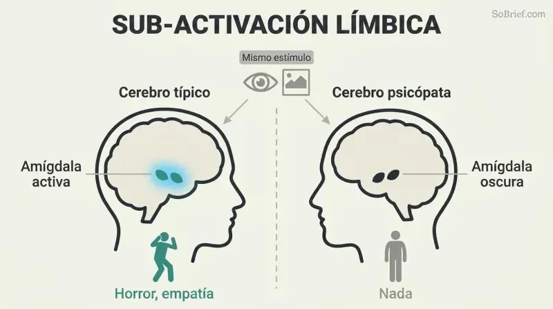 Split comparison of two brain profiles showing a brightly active amygdala in a normal brain versus a dark, inactive amygdala in a psychopath's brain given the same stimulus.