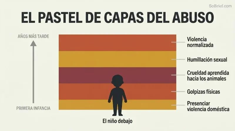 Stacked horizontal layers in warm negative colors accumulate around a small child silhouette, each labeled with a different form of childhood abuse, showing gradual buildup over time.