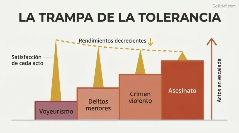 Ascending staircase of four escalating stages paired with progressively shorter satisfaction spikes above each step, showing how tolerance drives criminal escalation.