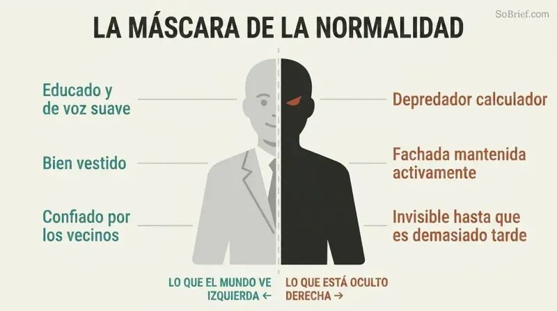 A single human silhouette split vertically, with a polished respectable left half and a dark predatory right half, showing the concealed duality of outward normalcy hiding inner danger.