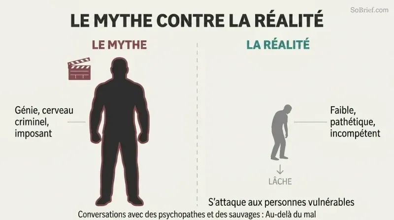Split panel contrasting a large imposing silhouette labeled as the Hollywood myth against a small hunched figure representing the actual cowardly reality of serial killers.