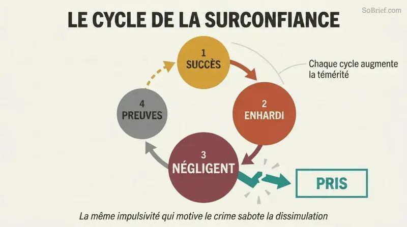 Circular cycle showing how criminal success breeds overconfidence, then carelessness, then evidence, with the loop breaking apart at capture.