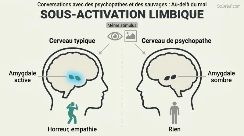 Split comparison of two brain profiles showing a brightly active amygdala in a normal brain versus a dark, inactive amygdala in a psychopath's brain given the same stimulus.