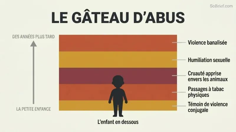 Stacked horizontal layers in warm negative colors accumulate around a small child silhouette, each labeled with a different form of childhood abuse, showing gradual buildup over time.