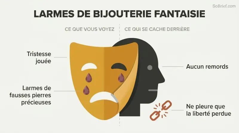 A theatrical crying mask peels away to reveal a cold indifferent face behind it, showing that performed remorse conceals only self-pity about being caught.