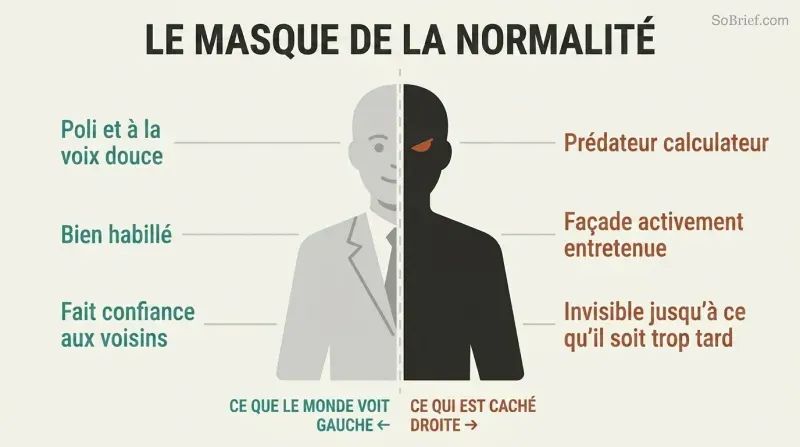 A single human silhouette split vertically, with a polished respectable left half and a dark predatory right half, showing the concealed duality of outward normalcy hiding inner danger.