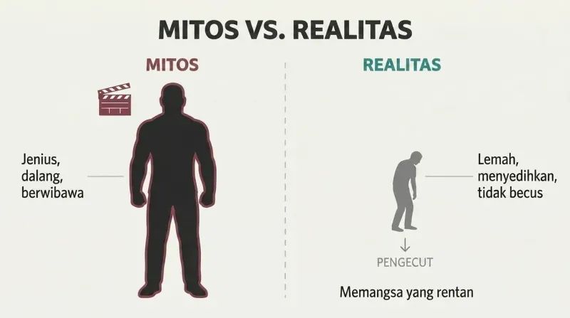 Split panel contrasting a large imposing silhouette labeled as the Hollywood myth against a small hunched figure representing the actual cowardly reality of serial killers.