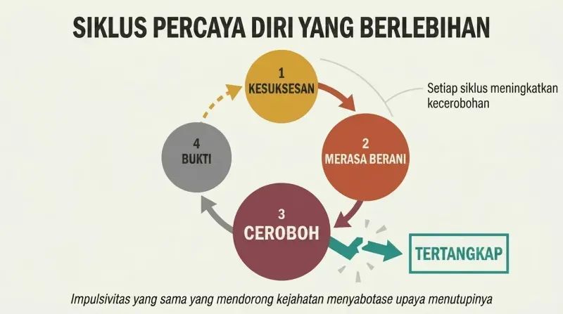 Circular cycle showing how criminal success breeds overconfidence, then carelessness, then evidence, with the loop breaking apart at capture.