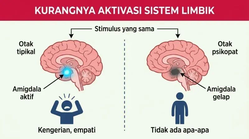 Split comparison of two brain profiles showing a brightly active amygdala in a normal brain versus a dark, inactive amygdala in a psychopath's brain given the same stimulus.