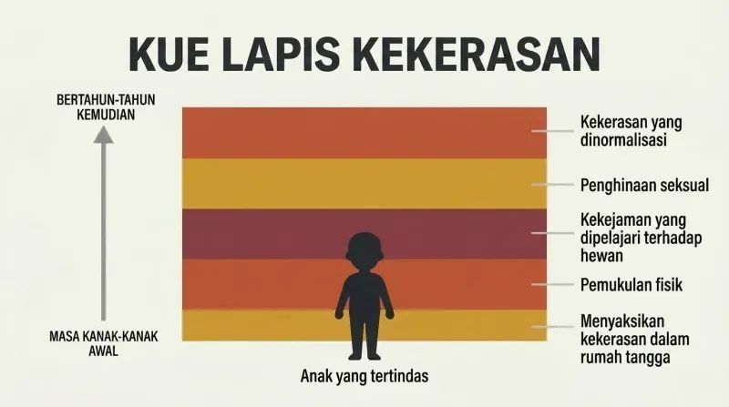 Stacked horizontal layers in warm negative colors accumulate around a small child silhouette, each labeled with a different form of childhood abuse, showing gradual buildup over time.