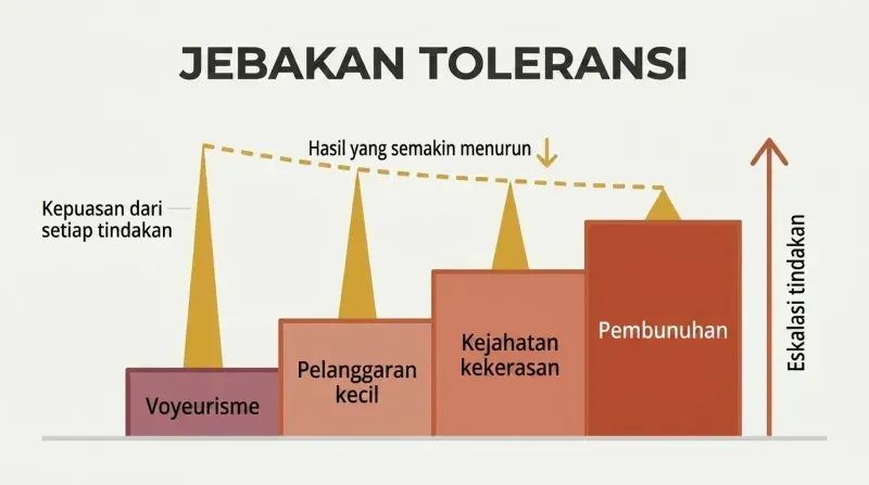 Ascending staircase of four escalating stages paired with progressively shorter satisfaction spikes above each step, showing how tolerance drives criminal escalation.