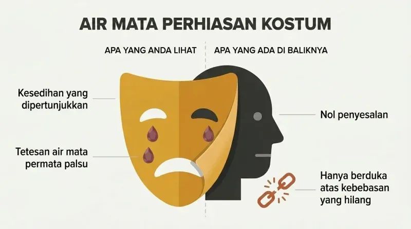 A theatrical crying mask peels away to reveal a cold indifferent face behind it, showing that performed remorse conceals only self-pity about being caught.