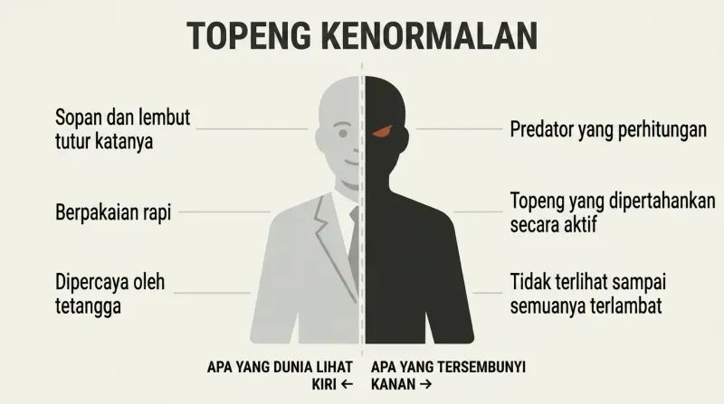 A single human silhouette split vertically, with a polished respectable left half and a dark predatory right half, showing the concealed duality of outward normalcy hiding inner danger.