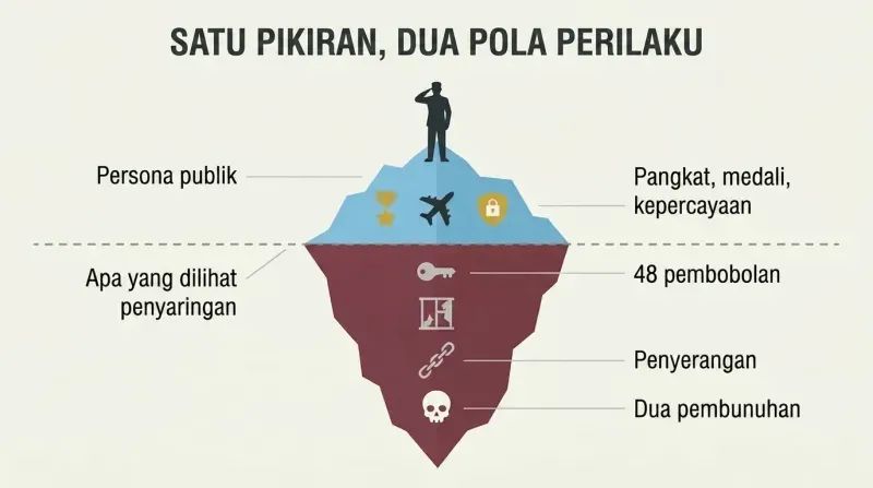 Iceberg diagram showing a decorated military silhouette above the waterline and escalating criminal symbols hidden in a much larger mass below.