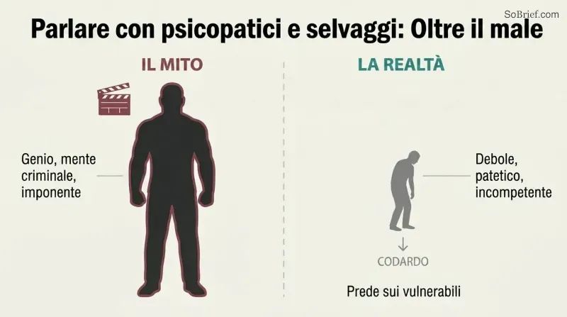 Split panel contrasting a large imposing silhouette labeled as the Hollywood myth against a small hunched figure representing the actual cowardly reality of serial killers.