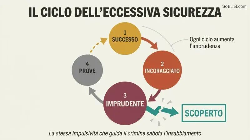 Circular cycle showing how criminal success breeds overconfidence, then carelessness, then evidence, with the loop breaking apart at capture.