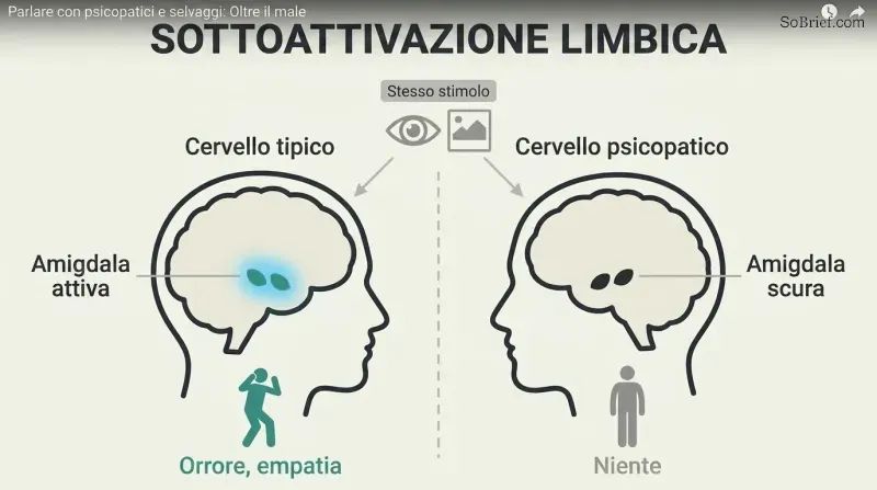 Split comparison of two brain profiles showing a brightly active amygdala in a normal brain versus a dark, inactive amygdala in a psychopath's brain given the same stimulus.