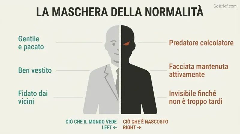 A single human silhouette split vertically, with a polished respectable left half and a dark predatory right half, showing the concealed duality of outward normalcy hiding inner danger.