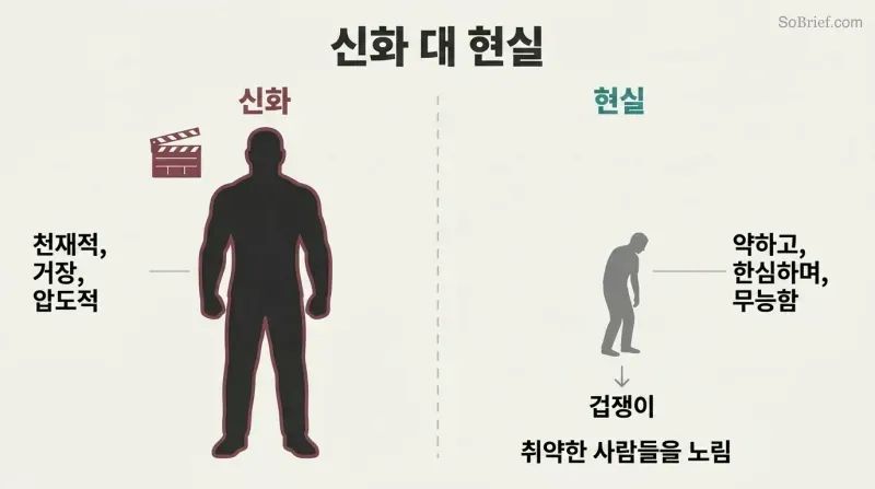 Split panel contrasting a large imposing silhouette labeled as the Hollywood myth against a small hunched figure representing the actual cowardly reality of serial killers.