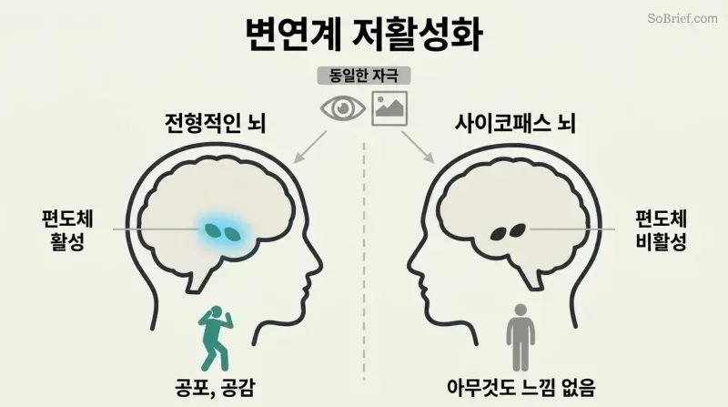 Split comparison of two brain profiles showing a brightly active amygdala in a normal brain versus a dark, inactive amygdala in a psychopath's brain given the same stimulus.