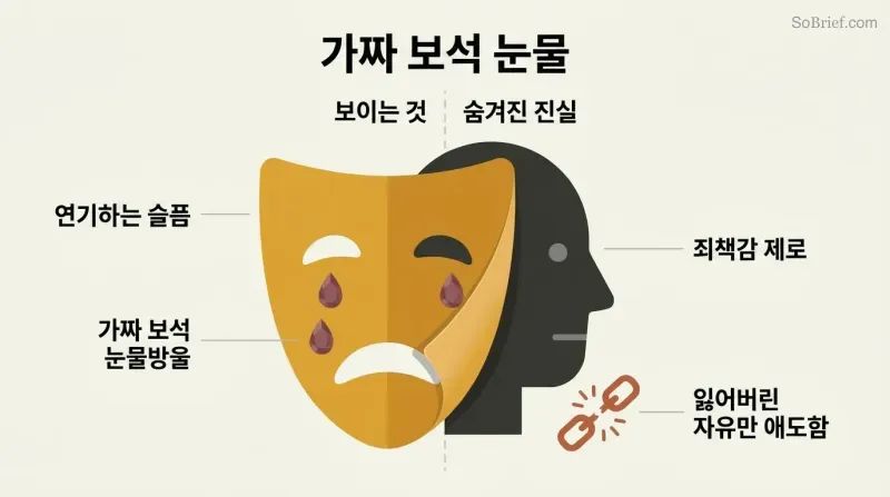 A theatrical crying mask peels away to reveal a cold indifferent face behind it, showing that performed remorse conceals only self-pity about being caught.