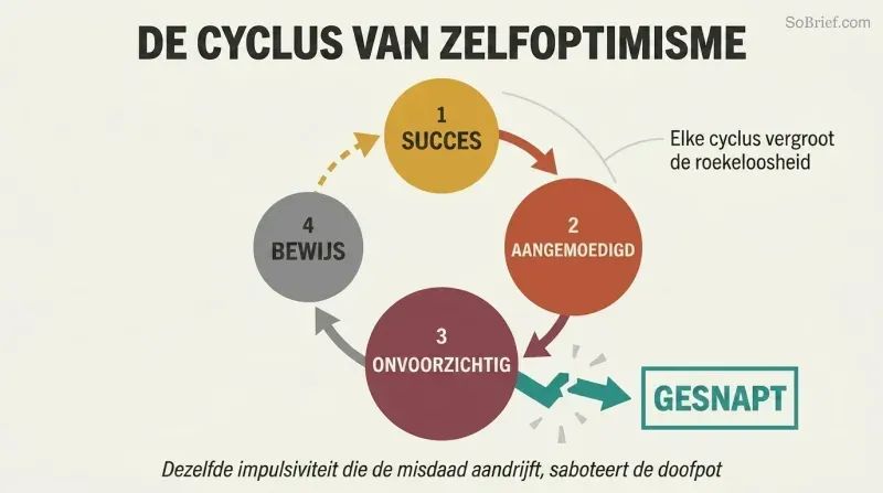 Circular cycle showing how criminal success breeds overconfidence, then carelessness, then evidence, with the loop breaking apart at capture.