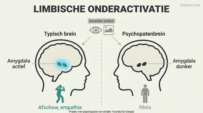 Split comparison of two brain profiles showing a brightly active amygdala in a normal brain versus a dark, inactive amygdala in a psychopath's brain given the same stimulus.