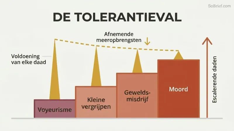 Ascending staircase of four escalating stages paired with progressively shorter satisfaction spikes above each step, showing how tolerance drives criminal escalation.