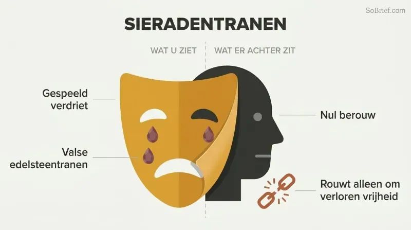 A theatrical crying mask peels away to reveal a cold indifferent face behind it, showing that performed remorse conceals only self-pity about being caught.