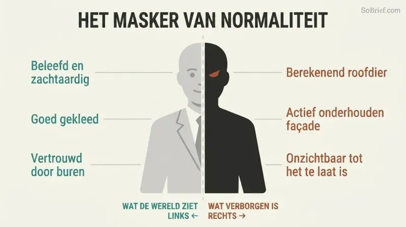 A single human silhouette split vertically, with a polished respectable left half and a dark predatory right half, showing the concealed duality of outward normalcy hiding inner danger.