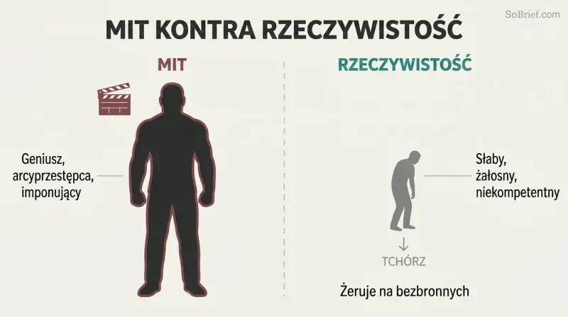 Split panel contrasting a large imposing silhouette labeled as the Hollywood myth against a small hunched figure representing the actual cowardly reality of serial killers.