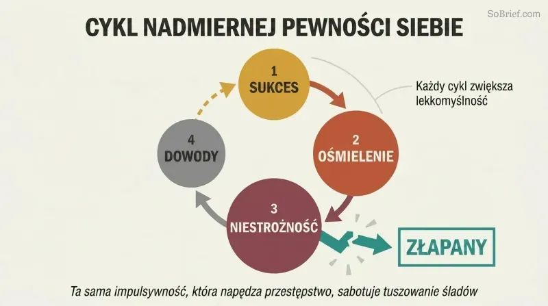 Circular cycle showing how criminal success breeds overconfidence, then carelessness, then evidence, with the loop breaking apart at capture.