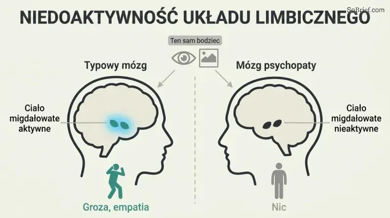 Split comparison of two brain profiles showing a brightly active amygdala in a normal brain versus a dark, inactive amygdala in a psychopath's brain given the same stimulus.