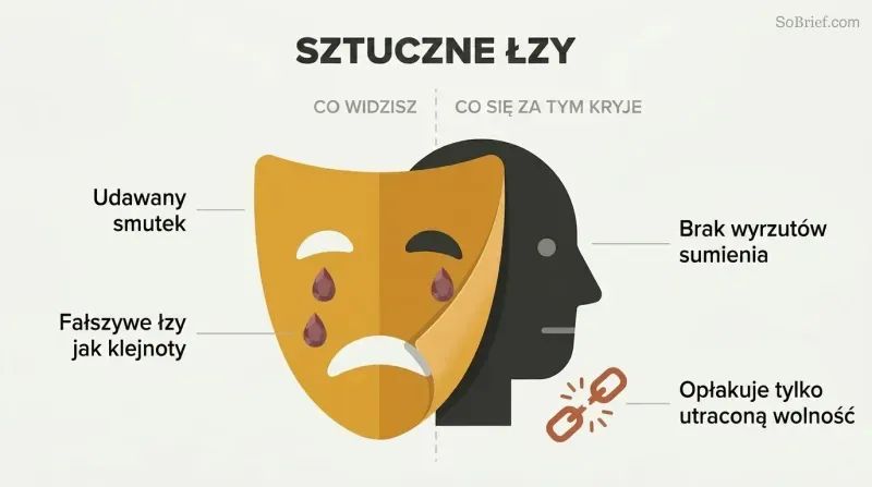 A theatrical crying mask peels away to reveal a cold indifferent face behind it, showing that performed remorse conceals only self-pity about being caught.